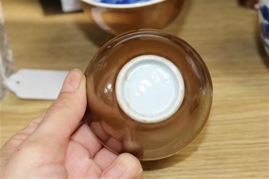 Four Chinese cafe au lait glazed stem cups and two bowls and a blue and white tea caddy tallest 11.5cm